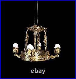 Art Deco Nouveau Brass 6 Light Gothic Cathedral Hanging Vtg Chandelier Lamp