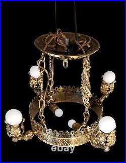 Art Deco Nouveau Brass 6 Light Gothic Cathedral Hanging Vtg Chandelier Lamp