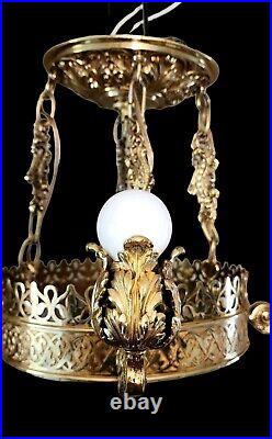 Art Deco Nouveau Brass 6 Light Gothic Cathedral Hanging Vtg Chandelier Lamp