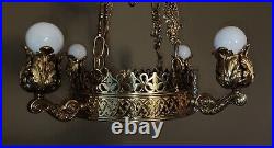 Art Deco Nouveau Brass 6 Light Gothic Cathedral Hanging Vtg Chandelier Lamp