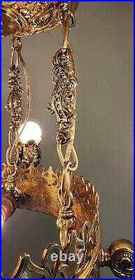 Art Deco Nouveau Brass 6 Light Gothic Cathedral Hanging Vtg Chandelier Lamp