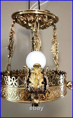 Art Deco Nouveau Brass 6 Light Gothic Cathedral Hanging Vtg Chandelier Lamp