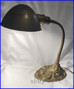 Art Deco Nouveau Cast Iron Water Lily Base Gooseneck Desk Lamp Marked RMR 200