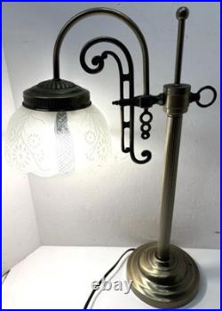 Art Deco Nouveau Revival Style Bridge Arm Brass Table Lamp withFrosted Glass Shade