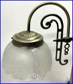 Art Deco Nouveau Revival Style Bridge Arm Brass Table Lamp withFrosted Glass Shade