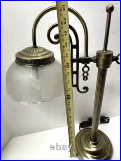 Art Deco Nouveau Revival Style Bridge Arm Brass Table Lamp withFrosted Glass Shade