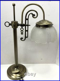 Art Deco Nouveau Revival Style Bridge Arm Brass Table Lamp withFrosted Glass Shade