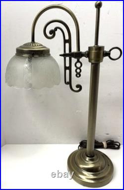 Art Deco Nouveau Revival Style Bridge Arm Brass Table Lamp withFrosted Glass Shade