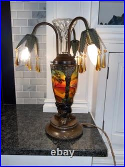 Art Deco Nouveau Spelter Reverse Painting Lamp 1920 Frankart Church Amber Crystl