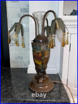 Art Deco Nouveau Spelter Reverse Painting Lamp 1920 Frankart Church Amber Crystl