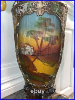 Art Deco Nouveau Spelter Reverse Painting Lamp 1920 Frankart Church Amber Crystl