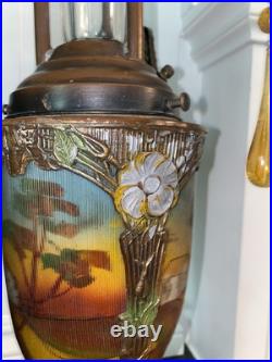 Art Deco Nouveau Spelter Reverse Painting Lamp 1920 Frankart Church Amber Crystl