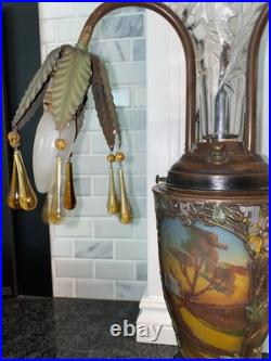 Art Deco Nouveau Spelter Reverse Painting Lamp 1920 Frankart Church Amber Crystl
