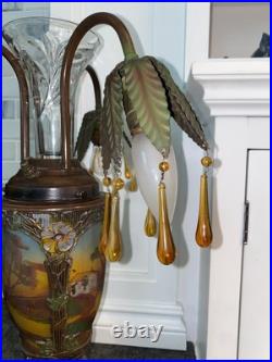 Art Deco Nouveau Spelter Reverse Painting Lamp 1920 Frankart Church Amber Crystl