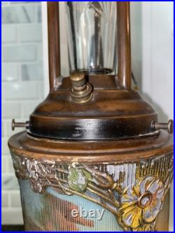 Art Deco Nouveau Spelter Reverse Painting Lamp 1920 Frankart Church Amber Crystl