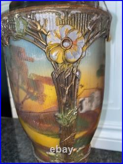 Art Deco Nouveau Spelter Reverse Painting Lamp 1920 Frankart Church Amber Crystl