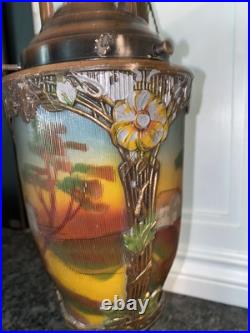 Art Deco Nouveau Spelter Reverse Painting Lamp 1920 Frankart Church Amber Crystl