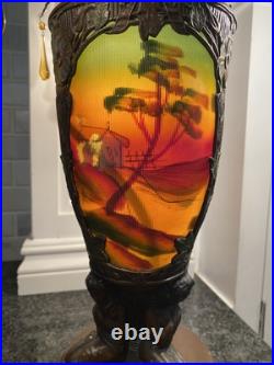 Art Deco Nouveau Spelter Reverse Painting Lamp 1920 Frankart Church Amber Crystl