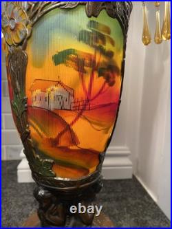 Art Deco Nouveau Spelter Reverse Painting Lamp 1920 Frankart Church Amber Crystl