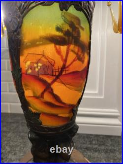 Art Deco Nouveau Spelter Reverse Painting Lamp 1920 Frankart Church Amber Crystl