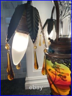 Art Deco Nouveau Spelter Reverse Painting Lamp 1920 Frankart Church Amber Crystl