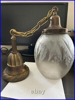 Art Deco Nouveau Victorian Unique Glass Shade Brass Canopy Hanging Light Fixture