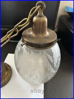 Art Deco Nouveau Victorian Unique Glass Shade Brass Canopy Hanging Light Fixture