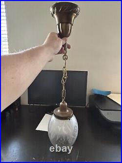 Art Deco Nouveau Victorian Unique Glass Shade Brass Canopy Hanging Light Fixture