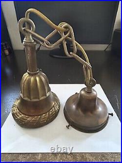 Art Deco Nouveau Victorian Unique Glass Shade Brass Canopy Hanging Light Fixture