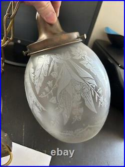 Art Deco Nouveau Victorian Unique Glass Shade Brass Canopy Hanging Light Fixture