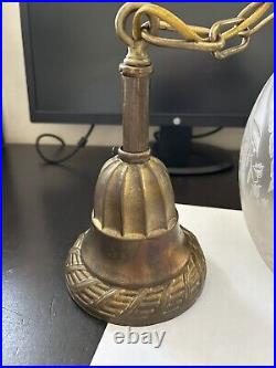 Art Deco Nouveau Victorian Unique Glass Shade Brass Canopy Hanging Light Fixture