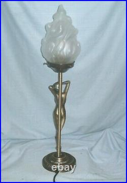 Art Deco / Nouveau'lady' Lamp With Opaque Glass Lame Shade