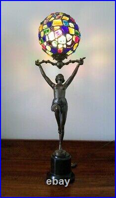 Art Deco Nude Woman Figurine With Chunk Jewel Crystal Globe Marble Base NICE