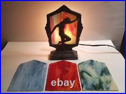 Art Deco Nude Woman Nouveau Figural Desk lamp w 4 Different Slag Glass Shades