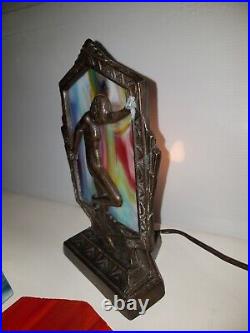 Art Deco Nude Woman Nouveau Figural Desk lamp w 4 Different Slag Glass Shades