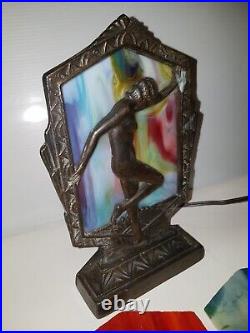 Art Deco Nude Woman Nouveau Figural Desk lamp w 4 Different Slag Glass Shades