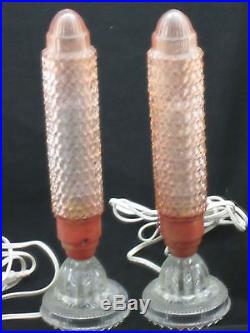 Art Deco Pair Of Boudoir Lamps Pink Bubble Design Rocket Shades Clear Bases