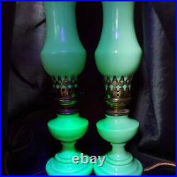 Art Deco Pair Of Jadeite Jefferson Glass Boudoir Hurricane Lamps Rare Glows