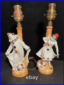 Art Deco Pair Vintage Pierrot Clown Harlequin Lusterware Lamps Porcelain