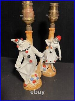 Art Deco Pair Vintage Pierrot Clown Harlequin Lusterware Lamps Porcelain