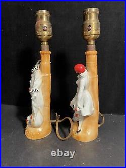 Art Deco Pair Vintage Pierrot Clown Harlequin Lusterware Lamps Porcelain