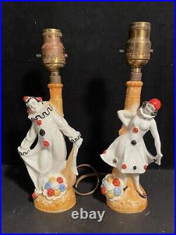 Art Deco Pair Vintage Pierrot Clown Harlequin Lusterware Lamps Porcelain