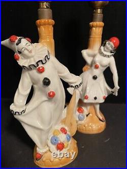 Art Deco Pair Vintage Pierrot Clown Harlequin Lusterware Lamps Porcelain