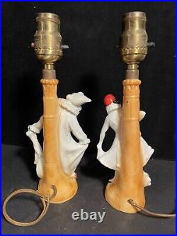 Art Deco Pair Vintage Pierrot Clown Harlequin Lusterware Lamps Porcelain