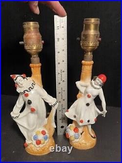 Art Deco Pair Vintage Pierrot Clown Harlequin Lusterware Lamps Porcelain