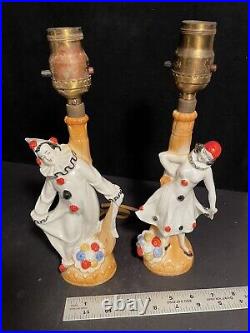 Art Deco Pair Vintage Pierrot Clown Harlequin Lusterware Lamps Porcelain