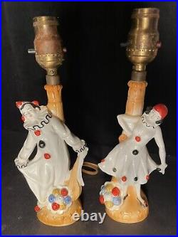 Art Deco Pair Vintage Pierrot Clown Harlequin Lusterware Lamps Porcelain