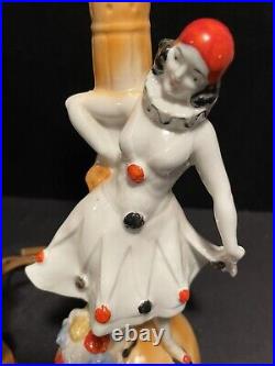 Art Deco Pair Vintage Pierrot Clown Harlequin Lusterware Lamps Porcelain