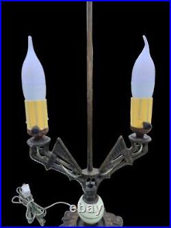 Art Deco Pale Green Slag Glass Accent Table Lamp Light Cast Iron Gothic Misson