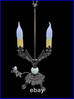 Art Deco Pale Green Slag Glass Accent Table Lamp Light Cast Iron Gothic Misson